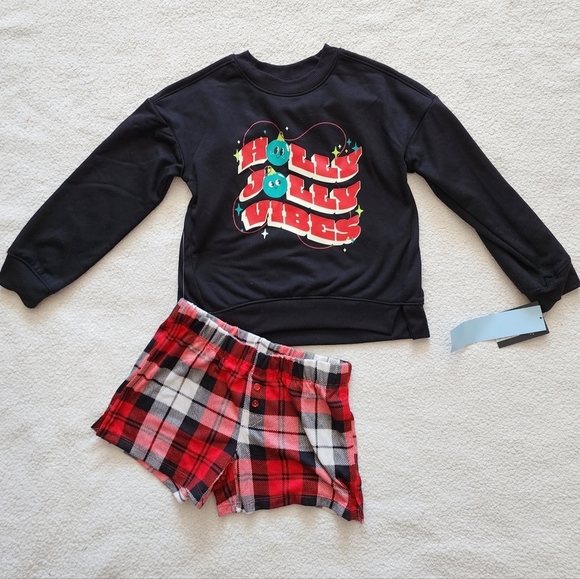 art class Other - NWT Girls Christmas 2pc Holly Vibes Long Sleeve Sweatshirt Boxer Pajama Set, S 8